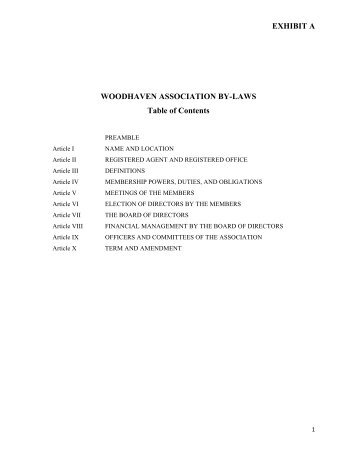 EXHIBIT A WOODHAVEN ASSOCIATION BY-LAWS Table of Contents