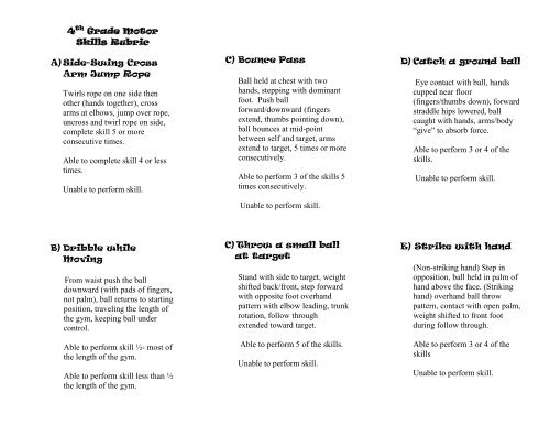 4th and 5th Grade Motor Skills Testing Rubric