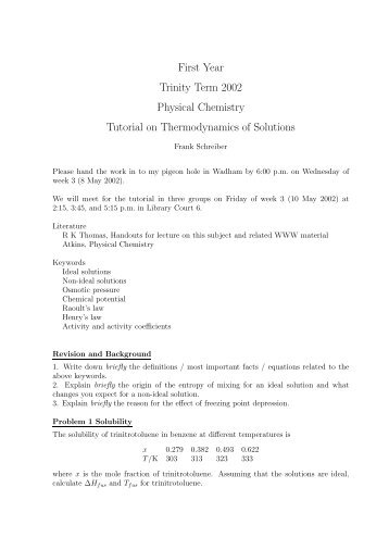 First Year Trinity Term 2002 Physical Chemistry Tutorial on ...