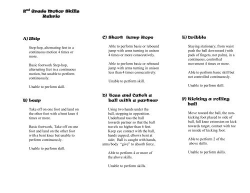 2nd and 3rd Grade Motor Skills Testing Rubric