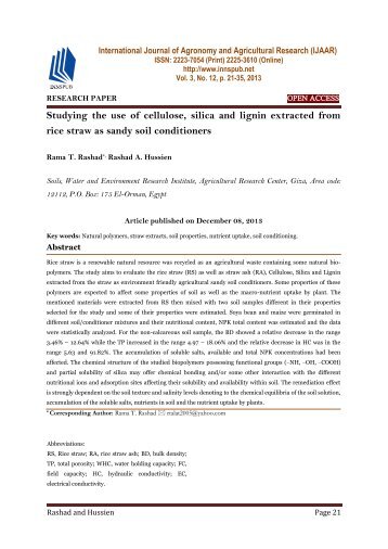 Studying the use of cellulose, silica and lignin extracted from rice straw as sandy soil conditioners