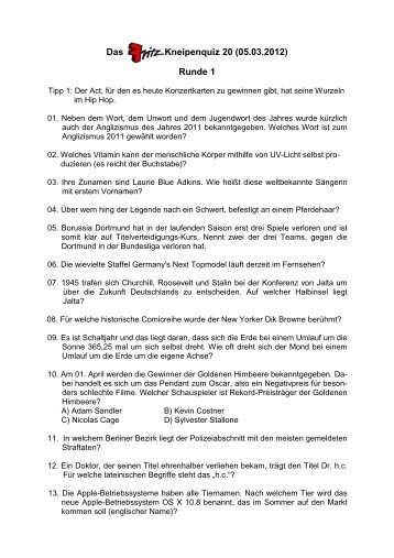 Das Fritz-Kneipenquiz 20 (Fragen 05.03.2012)