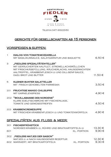 gerichte fÃ¼r gesellschaften ab 15 personen - Fiedlers Restaurant