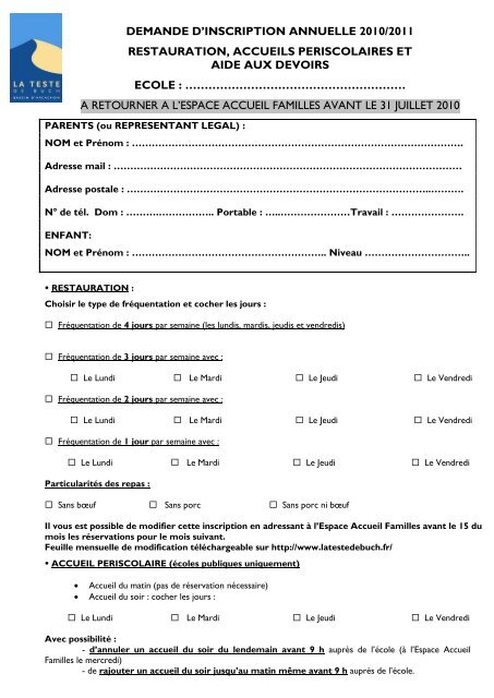 Fiche D Inscription A L Aide Aux Devoirs La Teste De Buch