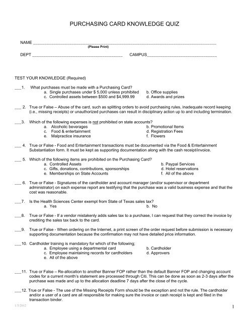 Training Questionnaire for Purchasing Card - TTUHSC :: Finance ...