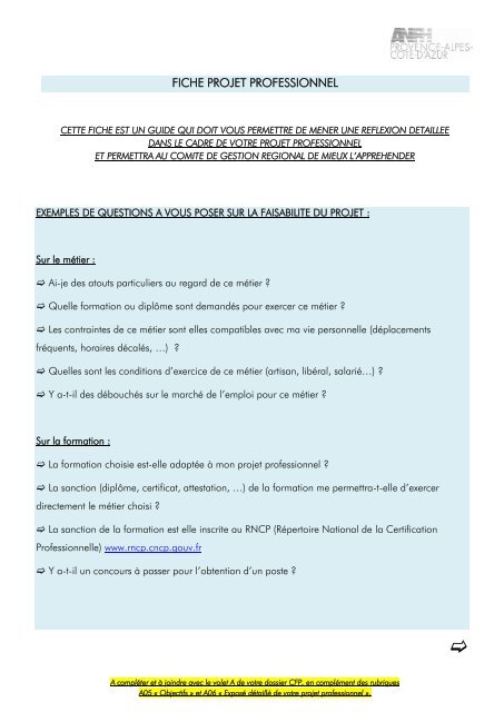 Fiche Projet Professionnel Anfh