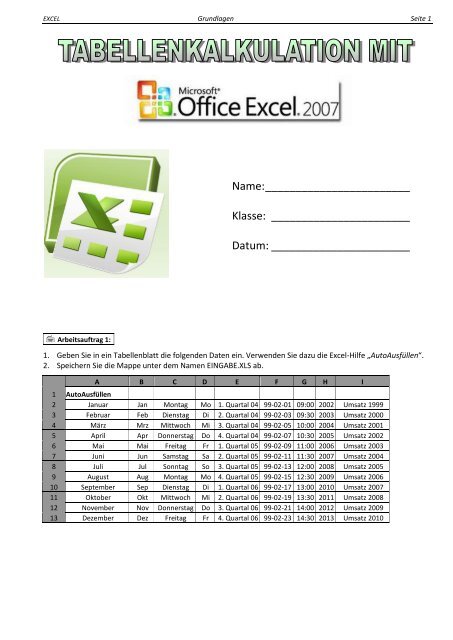 Excel EinfÃ¼hrung Teil 1