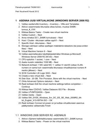 1 asenna uusi virtualikone (windows server 2008 r2) - SAMK