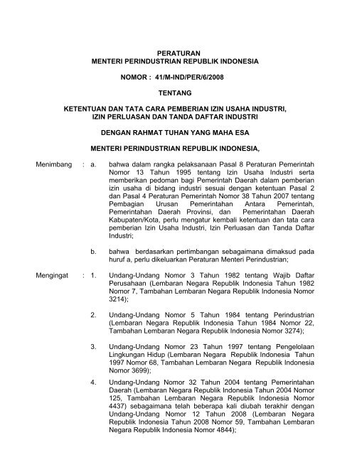 peraturan menteri perindustrian republik indonesia nomor - Badan ...