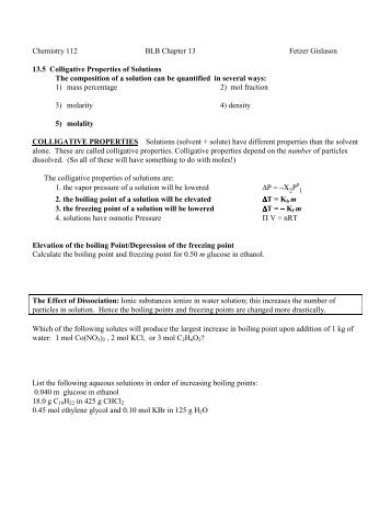 Chemistry 112 BLB Chapter 13 Fetzer Gislason 13.5 Colligative ...