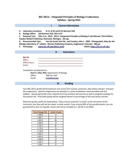 Integrated Principles of Biology II Laboratory Syllabus - Spring 2012 ...