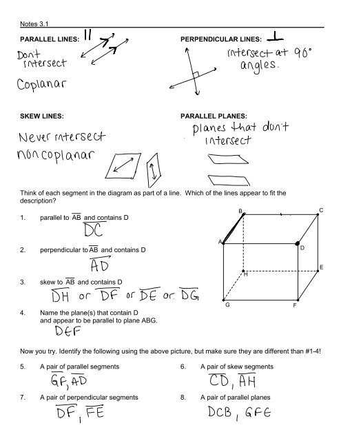 Notes 3.1 PARALLEL LINES: PERPENDICULAR LINES: SKEW ...