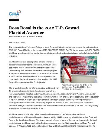 Rosa Rosal is the 2012 U.P. Gawad Plaridel Awardee - Ramon ...