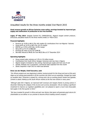 Dangote Cement Q1 2015 results statement