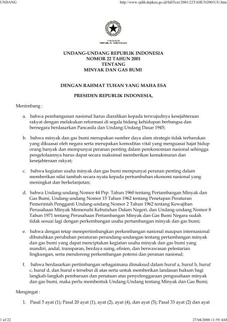 undang-undang republik indonesia nomor 22 tahun 2001