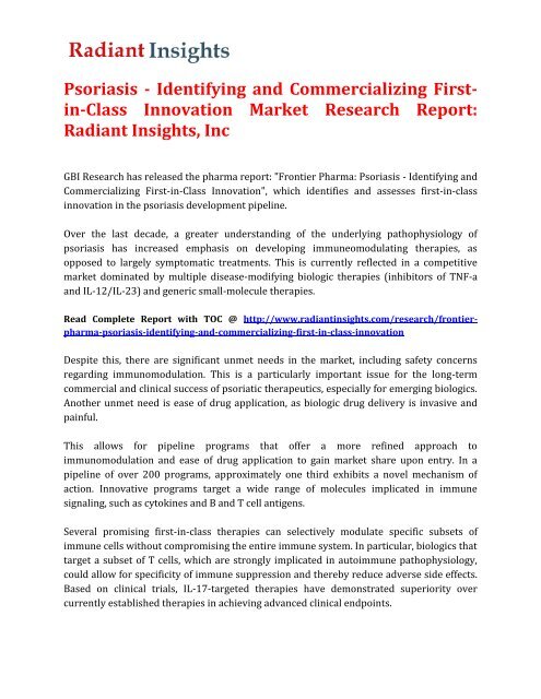 Psoriasis - Identifying and Commercializing First-in-Class Innovation Market Research Report: Radiant Insights, Inc