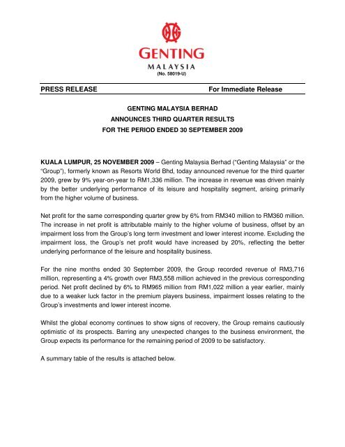 PRESS RELEASE For Immediate Release - Genting Malaysia Berhad