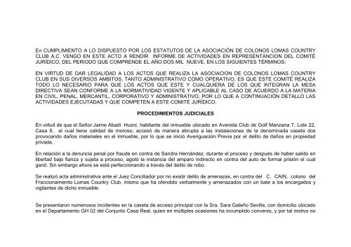 informe anual 2009 juridico - asociacionlomascountry.org