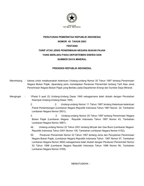 Peraturan Pemerintah Republik Indonesia Nomor 45 Tahun 2003