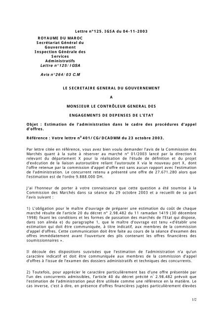 Lettre Na 125 Igsa Du 04 11 03 Raltive A L Estimation De L