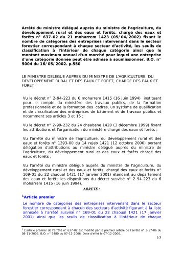 ArrÃªtÃ© nÂ° 637-02 du 05-04-2002 relatif aux catÃ©gories des ...