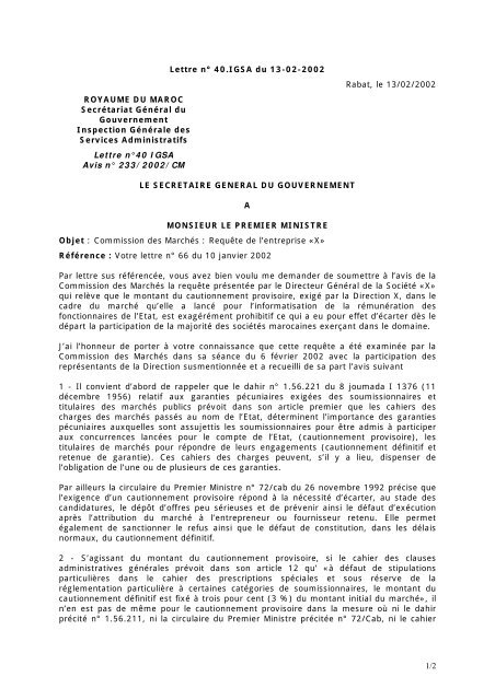 Lettre Na 40 Igsa Du 13 02 02 Relative A La Requaªte De L Entreprise