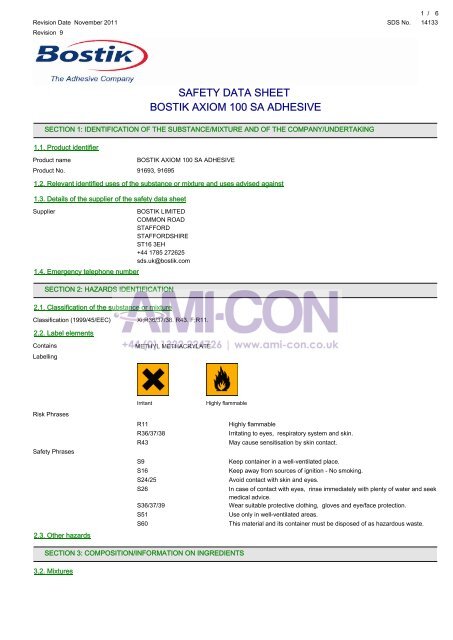 Safety Data Sheet Bostik Axiom 100 Sa Adhesive