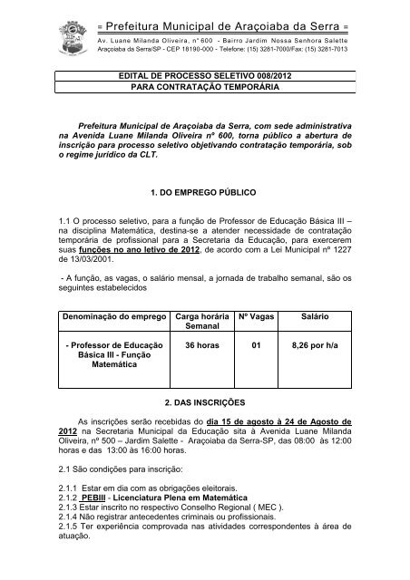 = Prefeitura Municipal de AraÃ§oiaba da Serra = - Aracoiaba.sp.gov.br