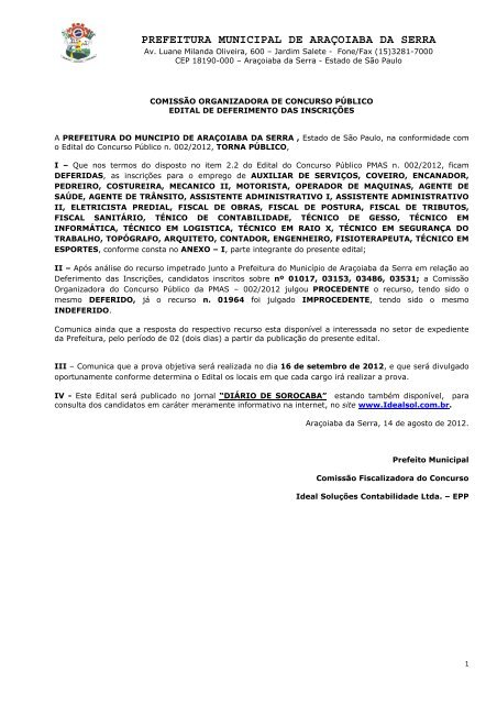 05-edital deferimento inscriÃ§Ãµes pmas 002_2012-1 - Aracoiaba.sp ...