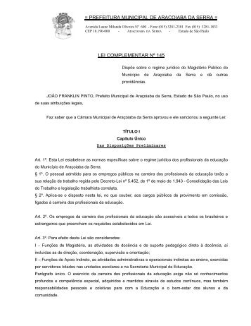 prefeitura municipal de araÃ§oiaba da serra = lei complementar nÂº 145