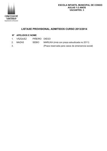 listaxe provisional admitidos curso 2013/2014 - Concello de ...