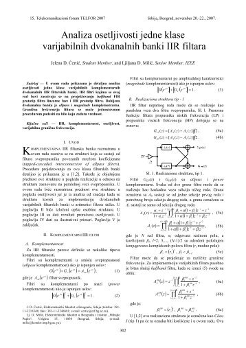 Analiza osetljivosti jedne klase varijabilnih ... - Telfor 2007