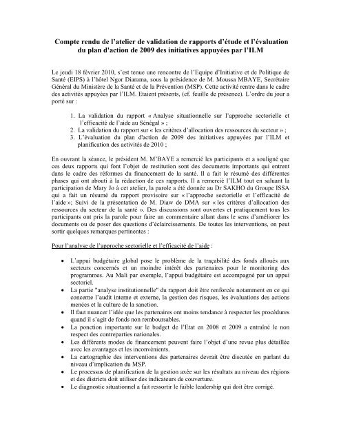 Compte rendu de l'atelier de validation de rapports d'Ã©tude et l ...