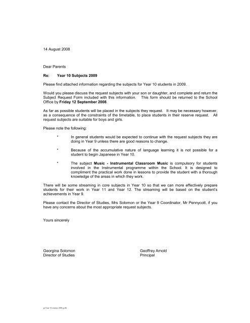 Year 10 Subjects 2009 Please find attached information regarding ...