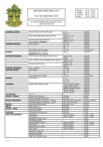 uniform shop/Price List - Frederick Irwin Anglican School