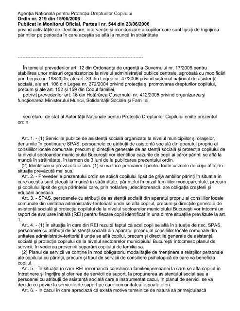 Ordin nr. 219 din 15/06/2006 privind - DGASPC  Dolj