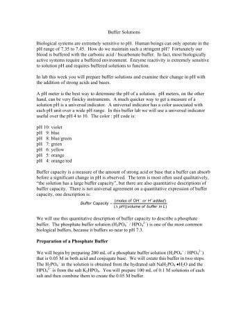 Buffer Solutions Biological systems are extremely sensitive to pH ...