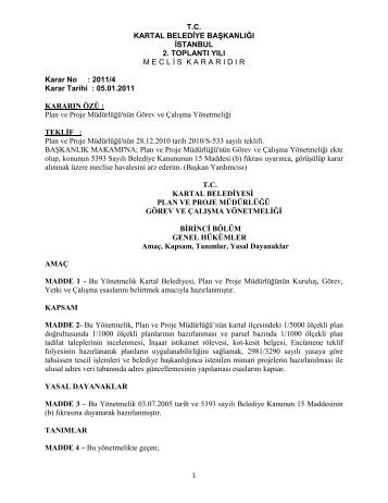 Plan Ve Proje Müdürlüğü Çalışma Yönetmeliği ... - Kartal Belediyesi