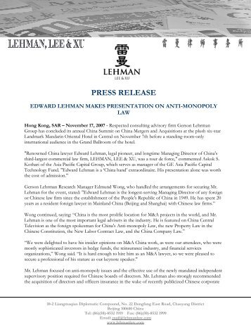 PRESS RELEASE - Lehman, Lee & Xu