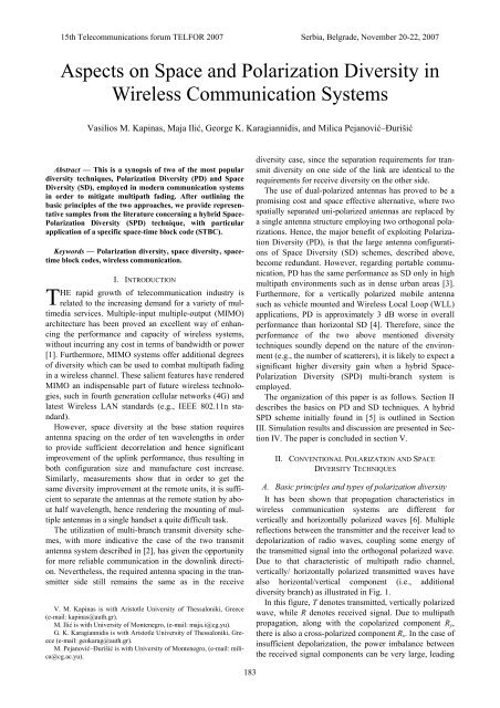 Aspects on Space and Polarization Diversity in ... - Telfor 2007