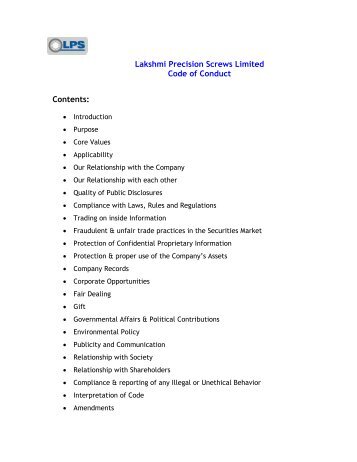 Lakshmi Precision Screws Limited Code of Conduct Contents: