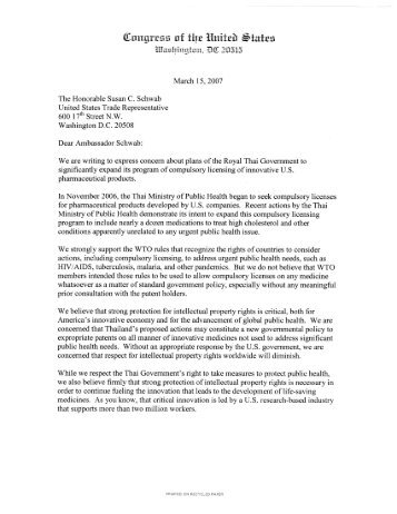 Letter to USTR from 12 Members of Congress opposing Thai ...