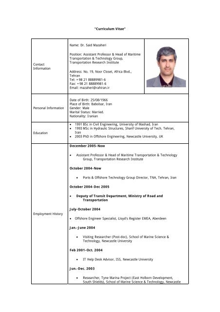 "Curriculum Vitae" Contact Information Name: Dr. Said Mazaheri ...