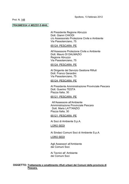 Leggi lettera ai Comuni - Ambiente Spa