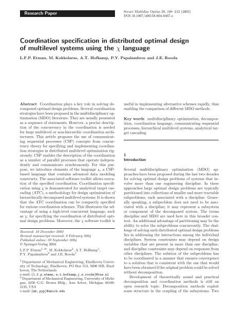 Coordination specification in distributed optimal design of multilevel ...