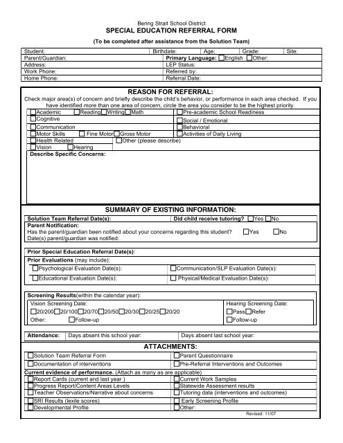 SPECIAL EDUCATION REFERRAL FORM REASON FOR ...