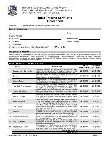 Bible Training Certificate Order Form - Zion Christian University