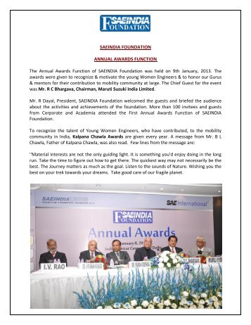 SAEINDIA FOUNDATION ANNUAL AWARDS FUNCTION The ...