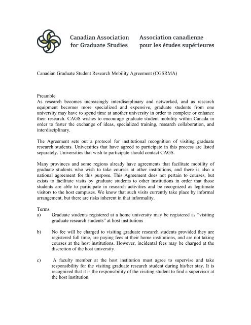 Canadian Graduate Student Research Mobility Agreement (CGSRMA)