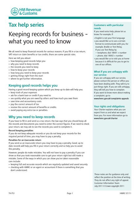 Tax help series Keeping records for business - HM Revenue ...